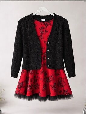 Kids Beautees Red Floral Dress with Black Cardigan